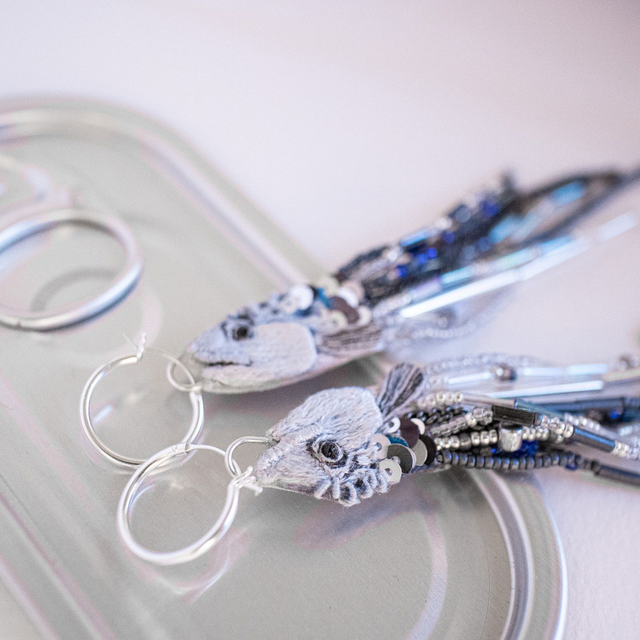 BLUEFISH - sinikala - fish hand embroidered hoop earrings