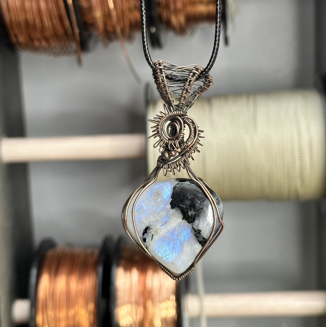 Rainbow moonstone pure copper wrapped pendant 