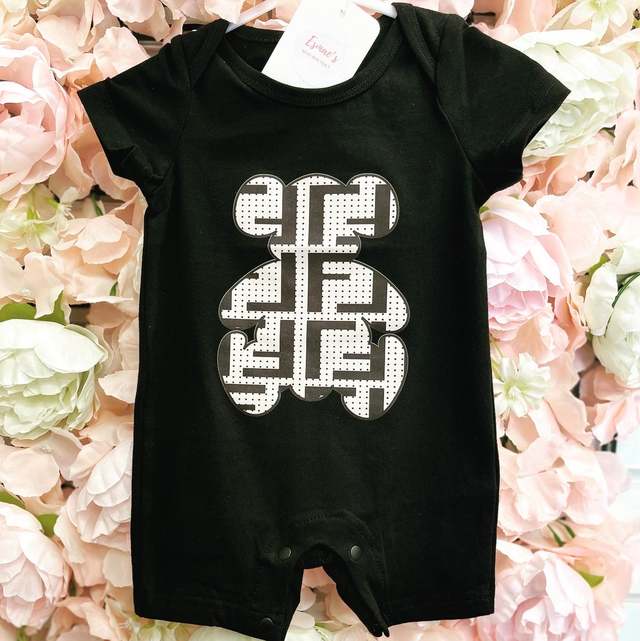 F Bear Print Romper Black