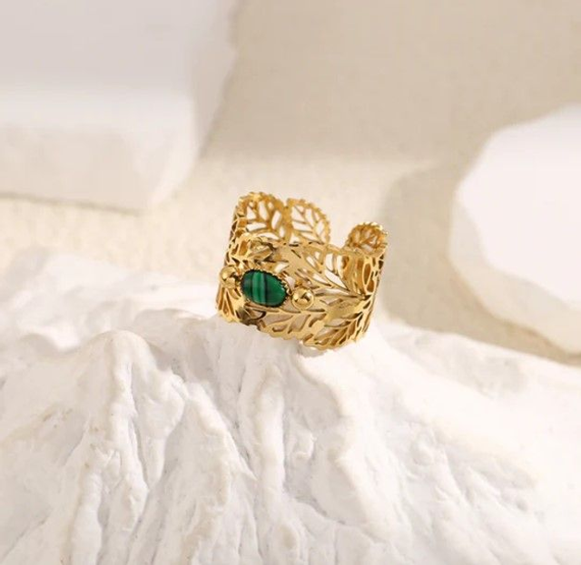 Bague Eclat Dorée Motif Feuilles, Pierre ovale  Malachite verte, en acier inoxydable
