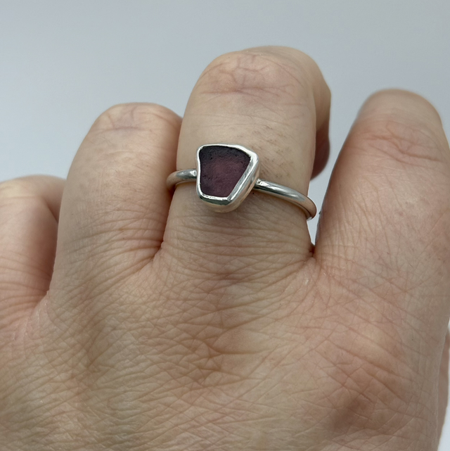 Purple Seaglass &amp; Recycled Silver Ring Size R