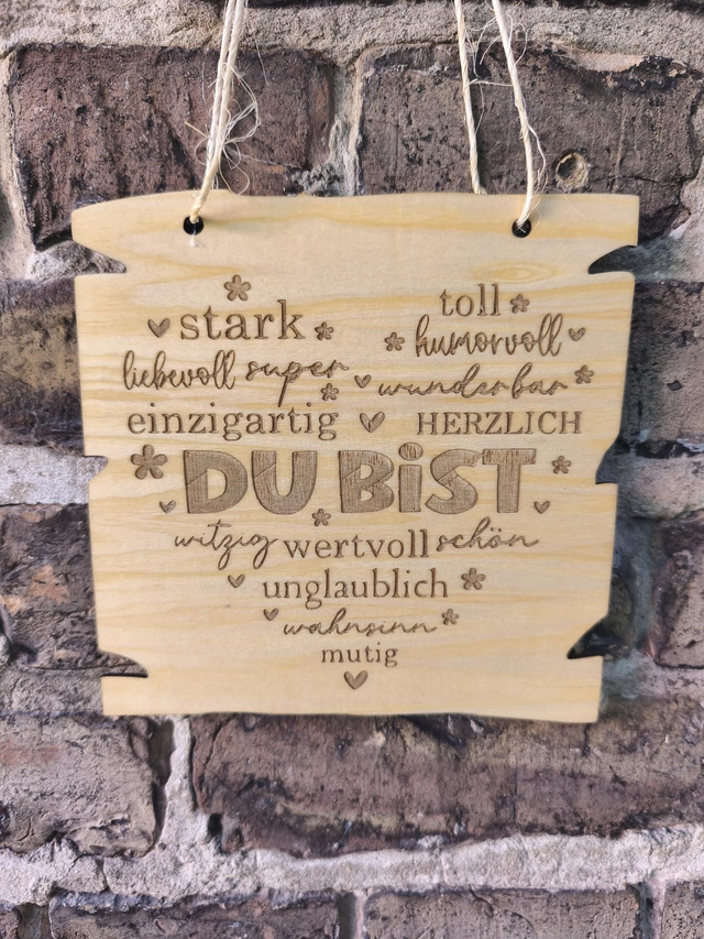 Holzschild „Du bist … einzigartig & wertvoll“ – Geschenk mit positiven Worten – Dekoschild für Zuhause
