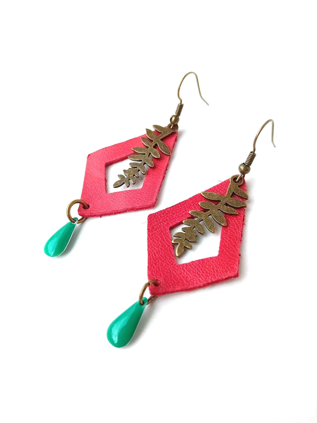 BO Médiévales Feuille - CUIR RECYCLÉ - Rouge et turquoise - Pièces Artisanales et Uniques 