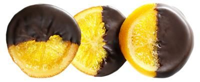 Gekonfijte sinaasschijf in donkere chocolade van 20% / 150gr. / 6 schijfjes.