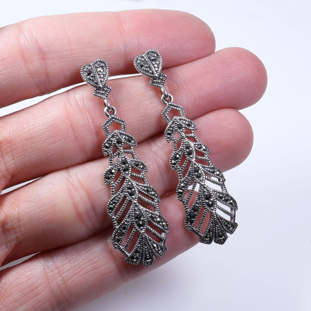 Pair of Elegant Sterling Silver 925 Art Nouveau Style Long Marcasite Gemstone Petal Leaf Floral Heart Geometric Design Drop Dangle Earrings