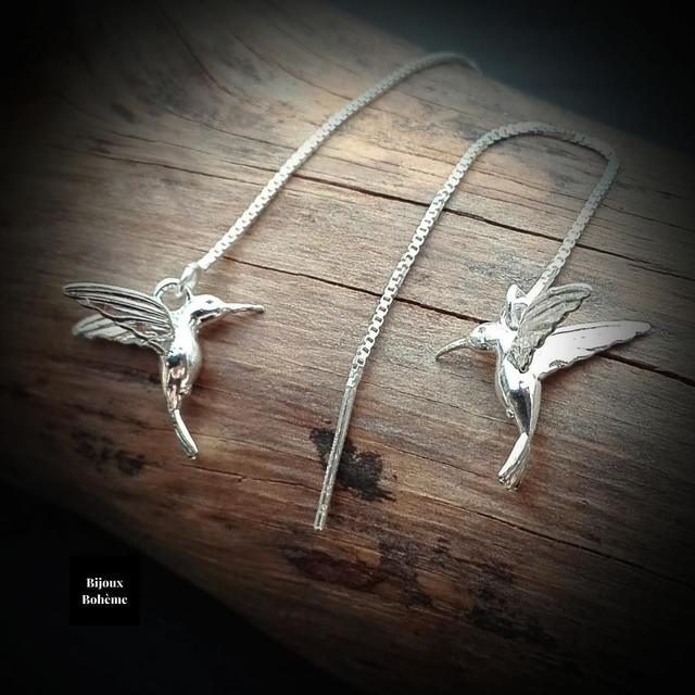 Boucles d'oreilles pendantes à enfiler argent 925 motif Colibri - COLIBRI ÉCLATANT 