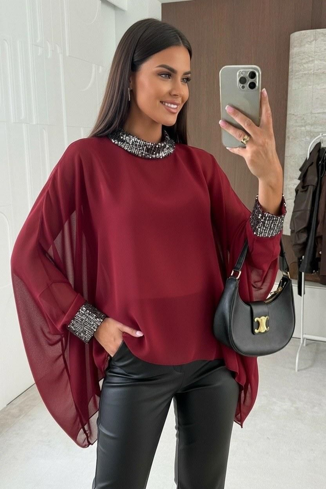 Ayla Sequin Trim Batwing Blouse