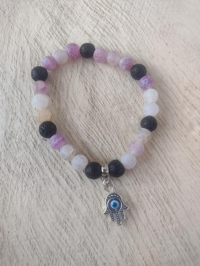 Purple agate 8 mm beaded stretch bracelet with Hamza hand charm
