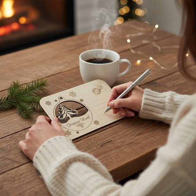 Carte postale avec boule de Noël en bois, gravée et personnalisée - décoration de sapin, déco Sapin