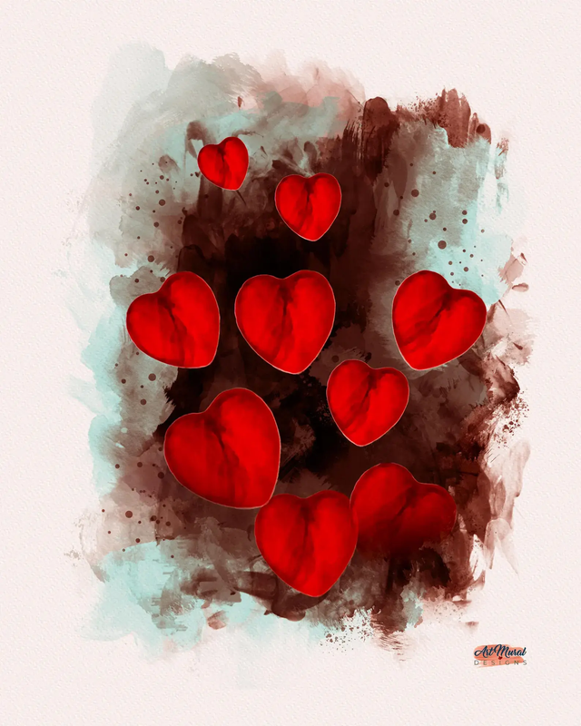 Tableau Romantique Saint-Valentin : Cœurs Envolés sur Fond Aquarelle