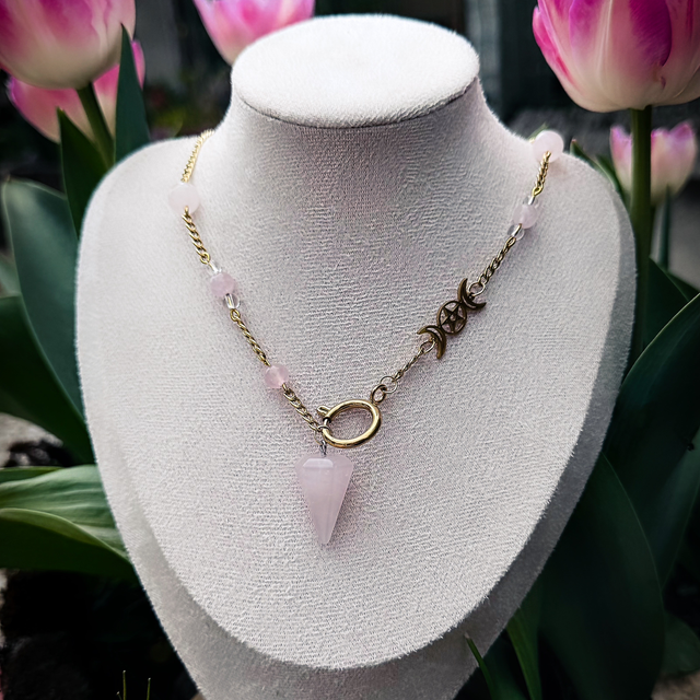 Collier PENDULE quartz rose et cristal de roche 