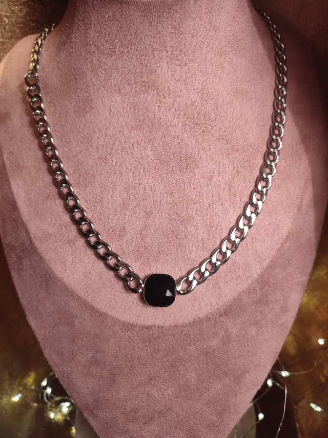 Big collier acier inoxydable argent/pierre noire 0000588