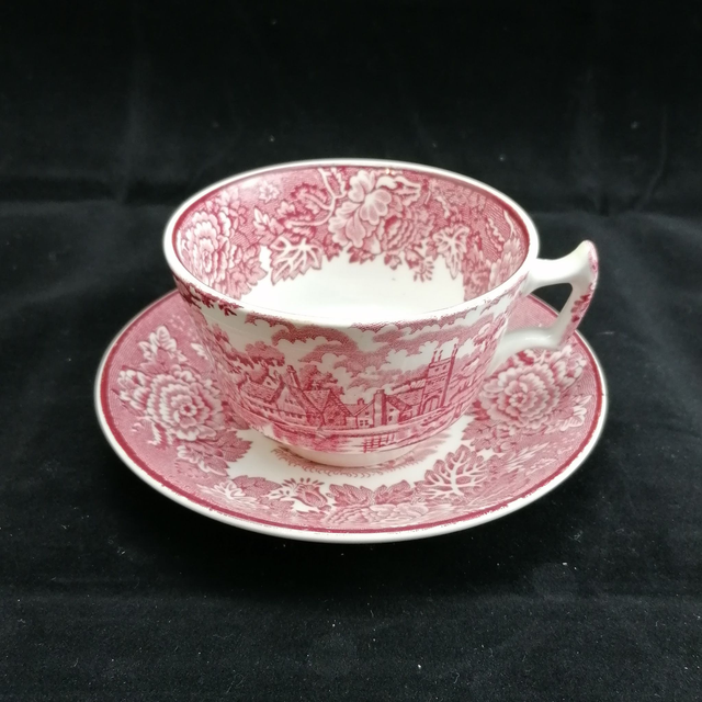 Woods Ware | Kop (diameter 9,5 | hoogte 6,0 cm) en Schotel (diameter 14,0 | hoogte 2,5 cm) met 'English Scenery' decor in roze | Vintage
