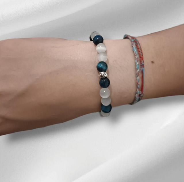 Bracelet œil de tigre bleu &amp; œil de chat 