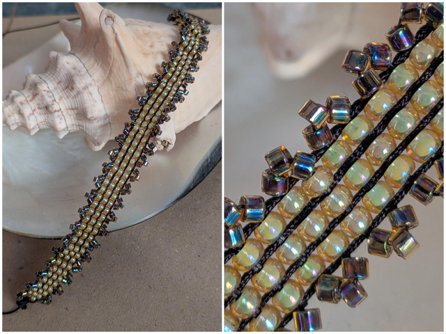 Bracelet doré, blanc, noir tissé main en perles de verre miyuki réglable et résistant, pièce unique 