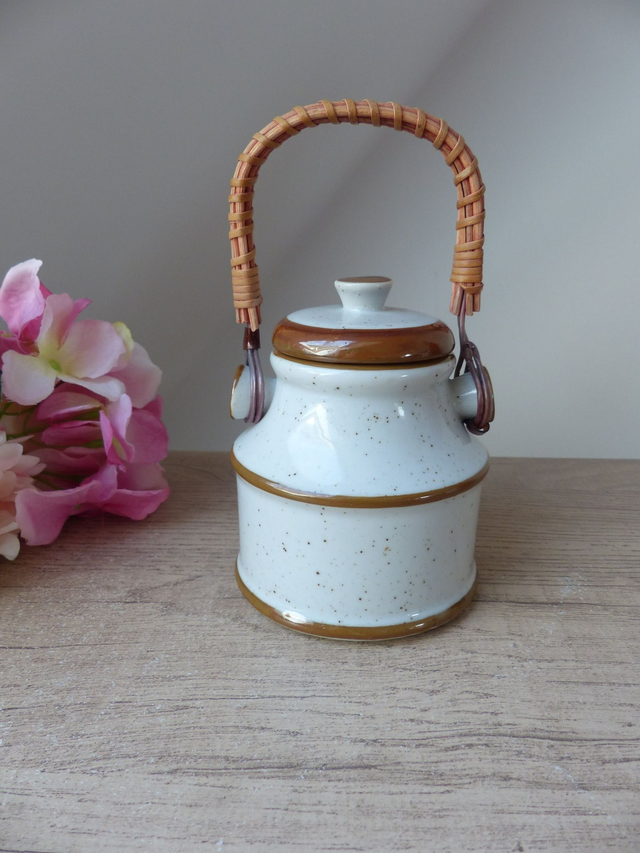 Pot à Moutarde Vintage en Céramique avec anse en Osier, Moutardier Pot à Condiment Français Poterie Décoration Cuisine Campagne