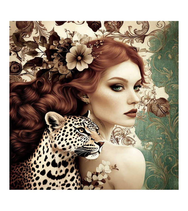 Panneau simili femme et panthère 46x46cm 