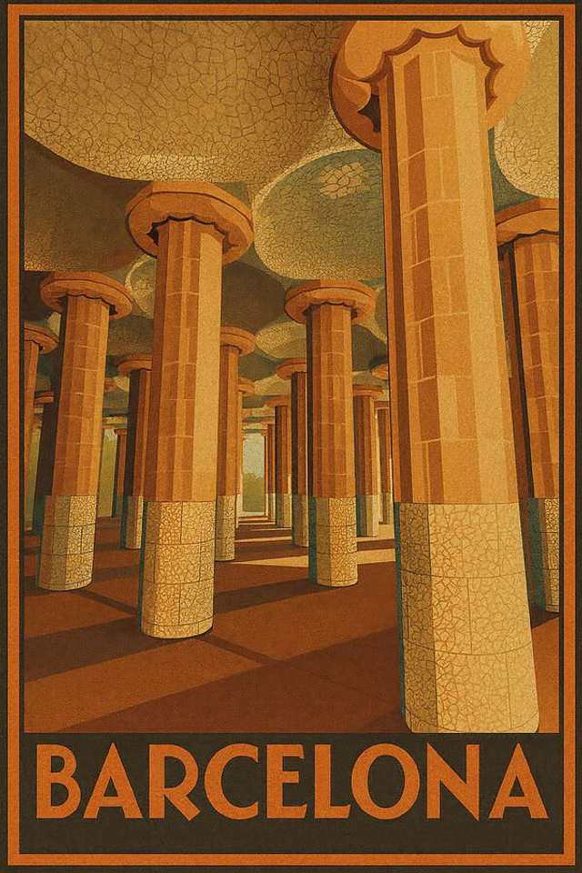 Póster vintage de viaje del Parque Güell de Barcelona, ​​Sala Hipóstila
