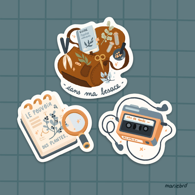 Plante, besace et son de forêt | Lot de 3 stickers - Collection 3 sœurs.