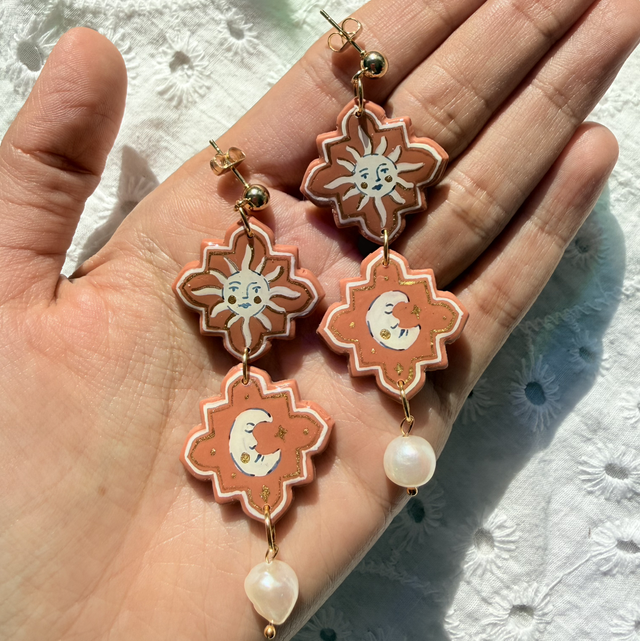 TARA - Celestial Sun and Moon Pearl Drop Statement Earrings