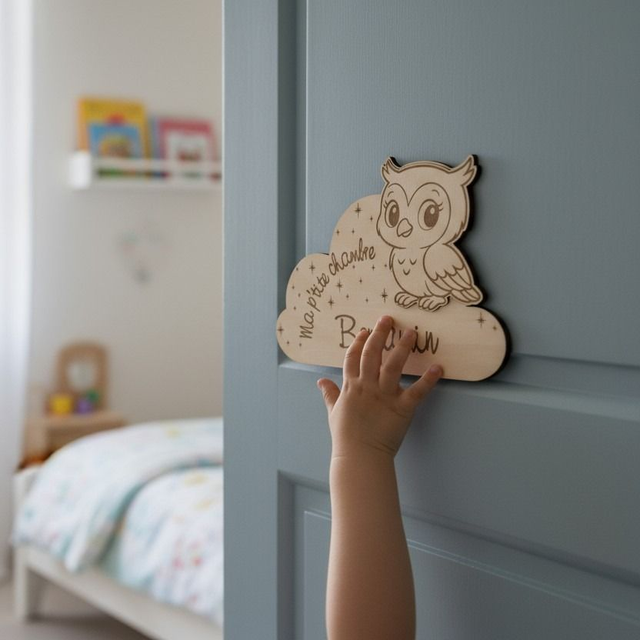 Plaque personnalisée pour chambre d'enfant, décoration de porte en bois gravé