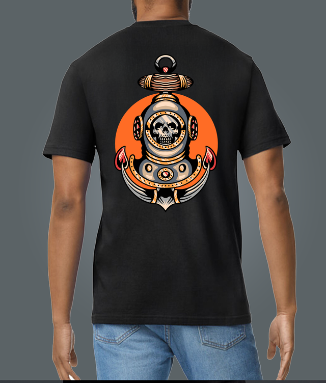 Traditional Tattoo Style Skull Scuba Diver Black Soft Spun Patterned T-Shirt