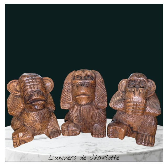Les 3 Singes de la Sagesse en bois sculpté à la main