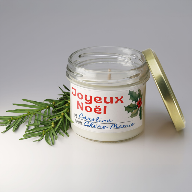 Bougie artisanale parfumée en cire de soja avec étiquette personnalisée - Cadeau pour Noël, Nouvel An, Fêtes de fin d'année, 100g (CJN10)