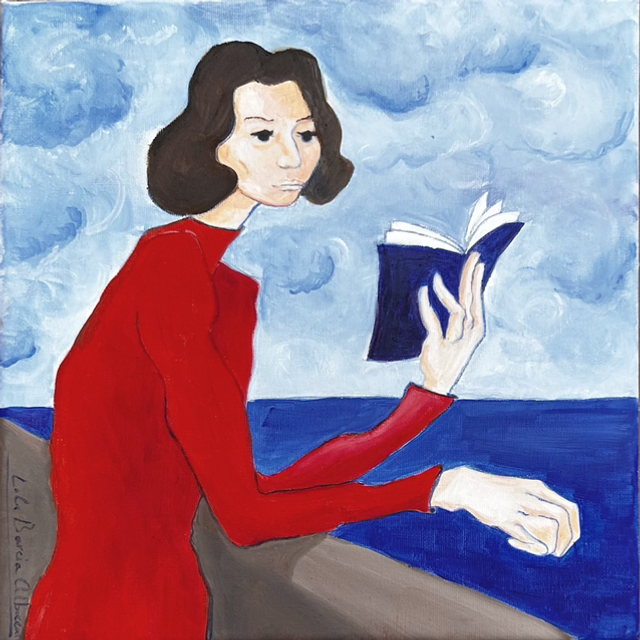Óleo sobre lienzo “Mujer de rojo leyendo junto al mar”
