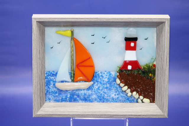 Yatch &amp; Lighthouse Fused Glass Framed Art