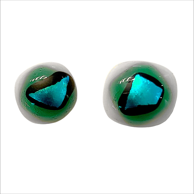 Stud earrings in a mix of green and turquoise dichroic glass on a white background (Ref ESS1)
