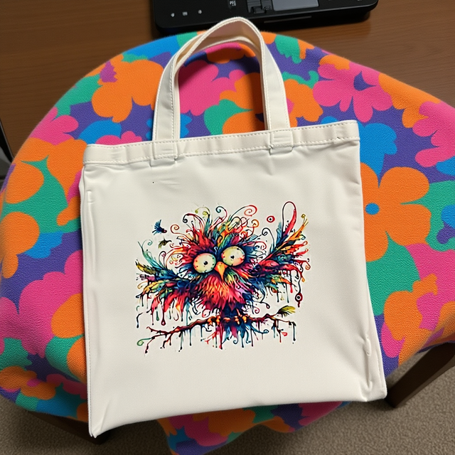 A tote bag with a colourful whimsical bird, polyester canvas size H33cm xW29cm medium 