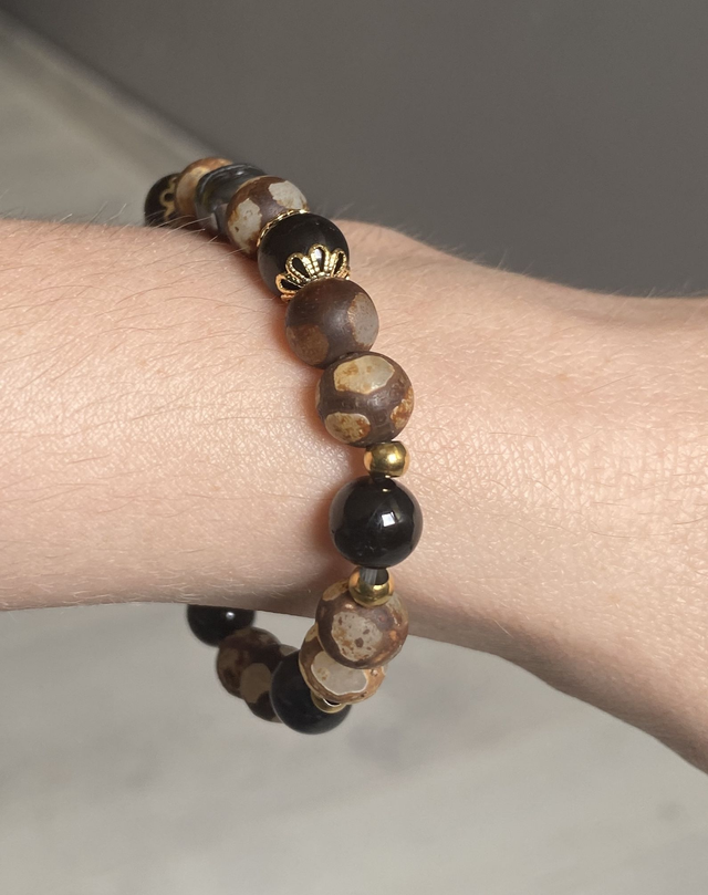 Bracelet Agate Tibétaine et Tourmaline Noire