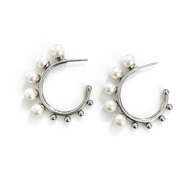 Argollas acero plateado perlas 