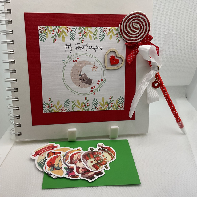 Personalised First Christmas frame and album set. Baby bear design. Red.