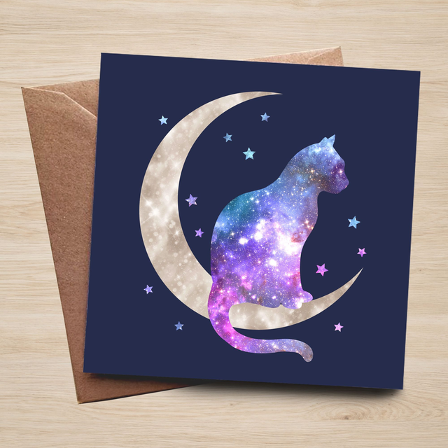 Cat & Moon Greeting Card | ME001 | Cosmic Celestial Design