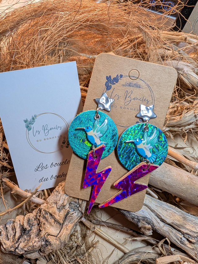 Boucles d'oreilles colibri turquoise fushia co001