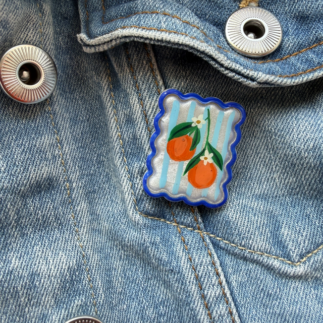 Orange Blossom Blue Stripe Postage Stamp Pin Badge