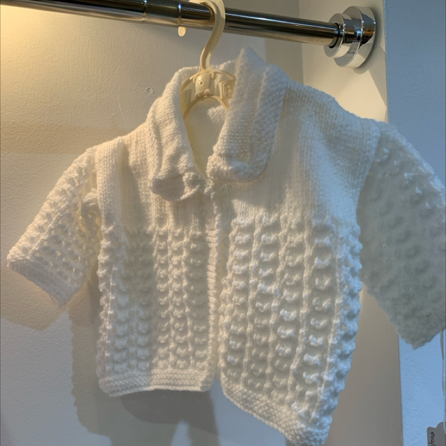 White Knitted Matinee Coat with Collar 