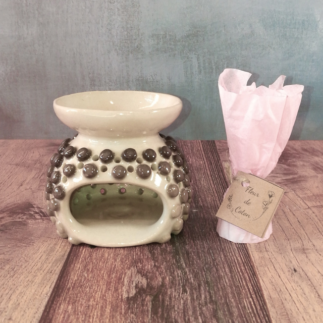  Brûle-Parfum gris &amp; son Fondant "Fleurs de Coton" 