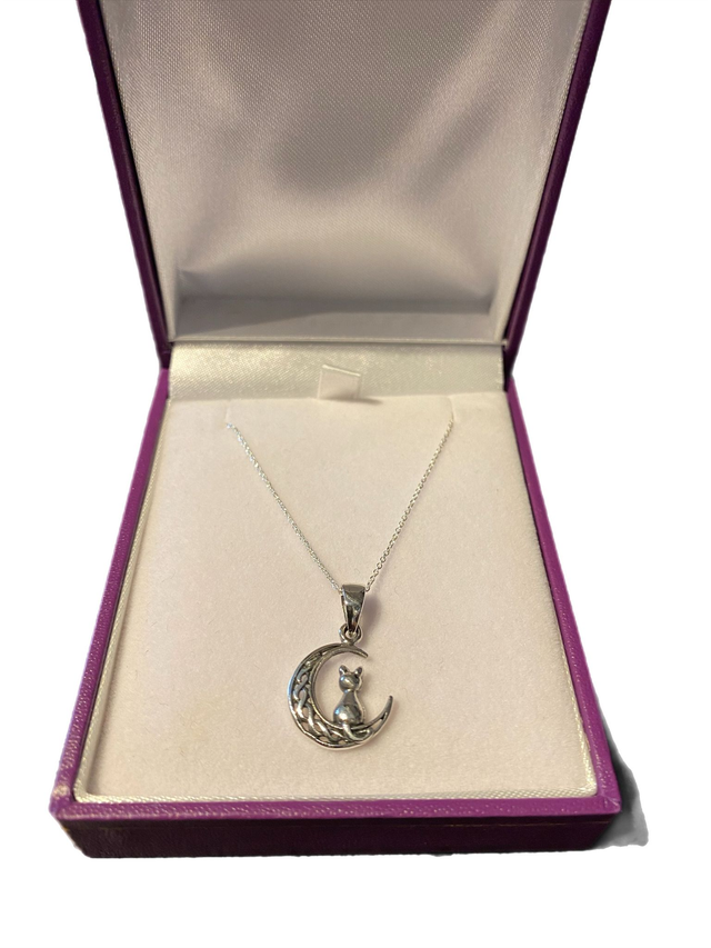 Sterling silver cat on moon necklace