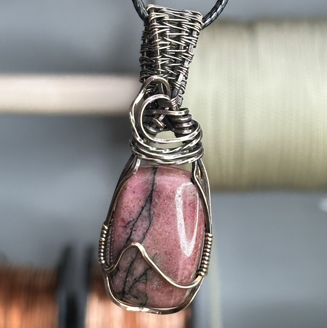 Rhodonite pure copper wire wrapped pendant 