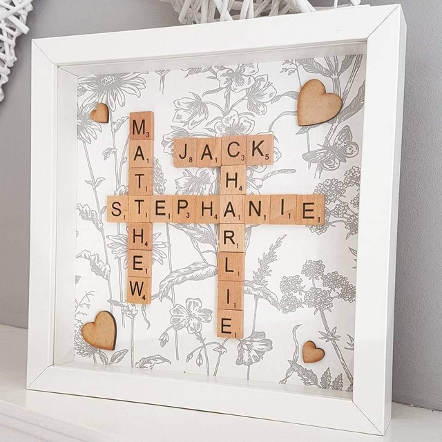 Scrabble frame grey floral background 25cm x 25cm 