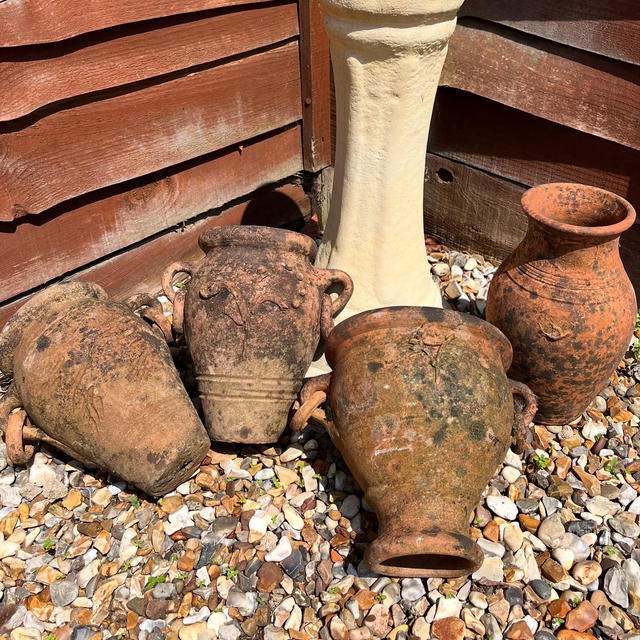 Various Salvaged Antique Hand Thrown Terracotta Garden Urns/ Olive Pots