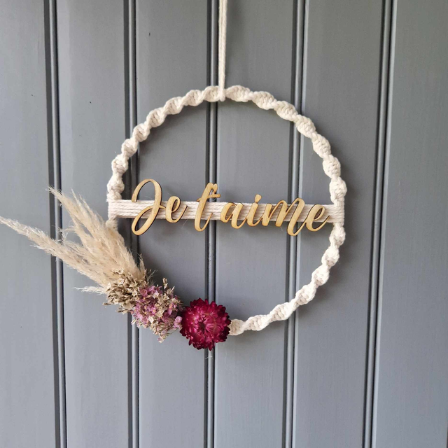 Cercle macramé message fleurs séchées 20 cm