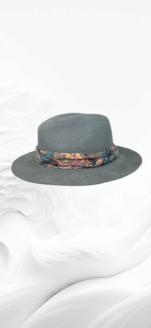 Grey Fedora with vintage material decoration 