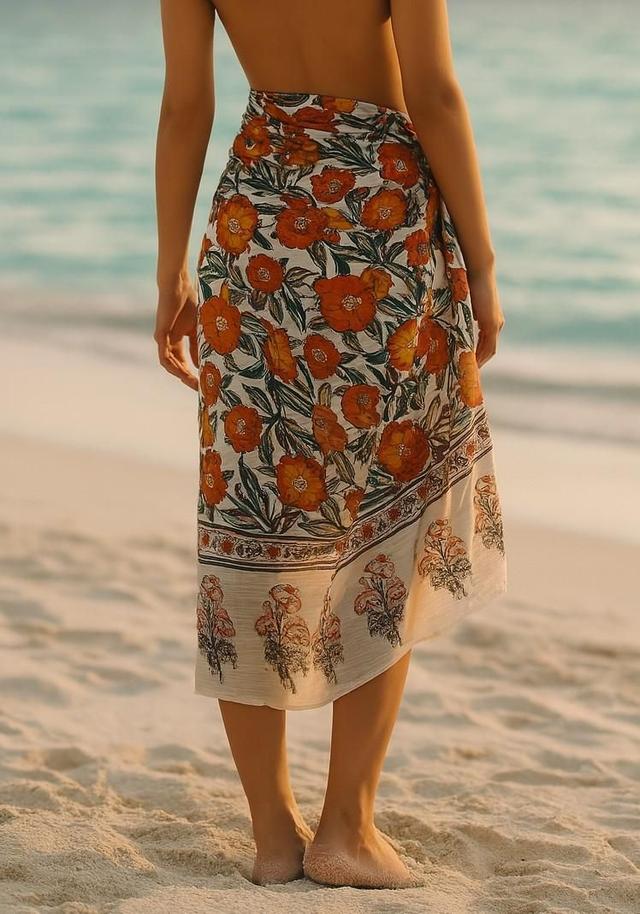 Pareo en Voile de Coton — Orange, Blanc &amp; Bleu Sarcelle (185 × 111 cm)