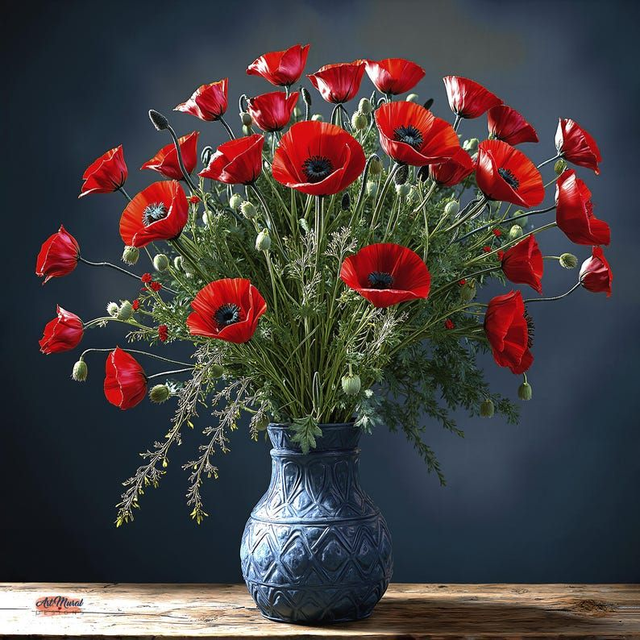 Bouquet de Coquelicots – Toile Artistique Inédite, Art Floral Rouge et Noir, Tableau Élégant, Décoration Murale Chic, Affiche de Coquelicots