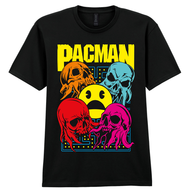 Pacman Skeleton Ghosts Black Soft Spun Patterned T-Shirt