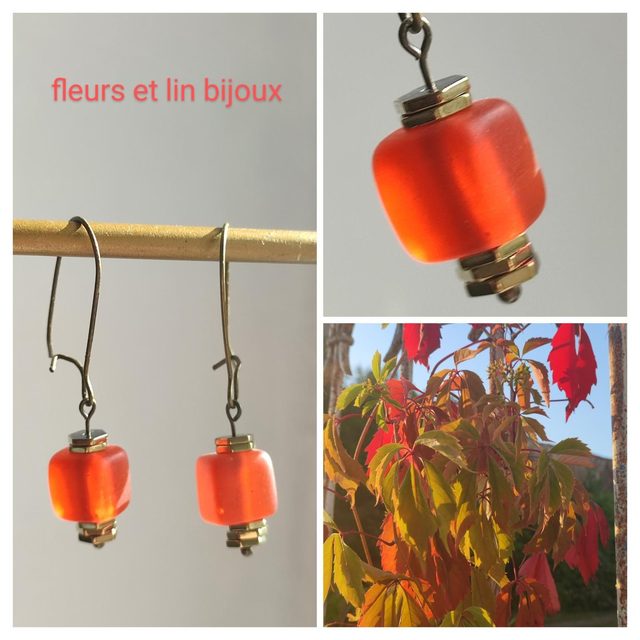 Z-Boucles d&#039;oreilles en verre orange 🍊 fermoirs dormeuses en laiton bronze -sans nickel 